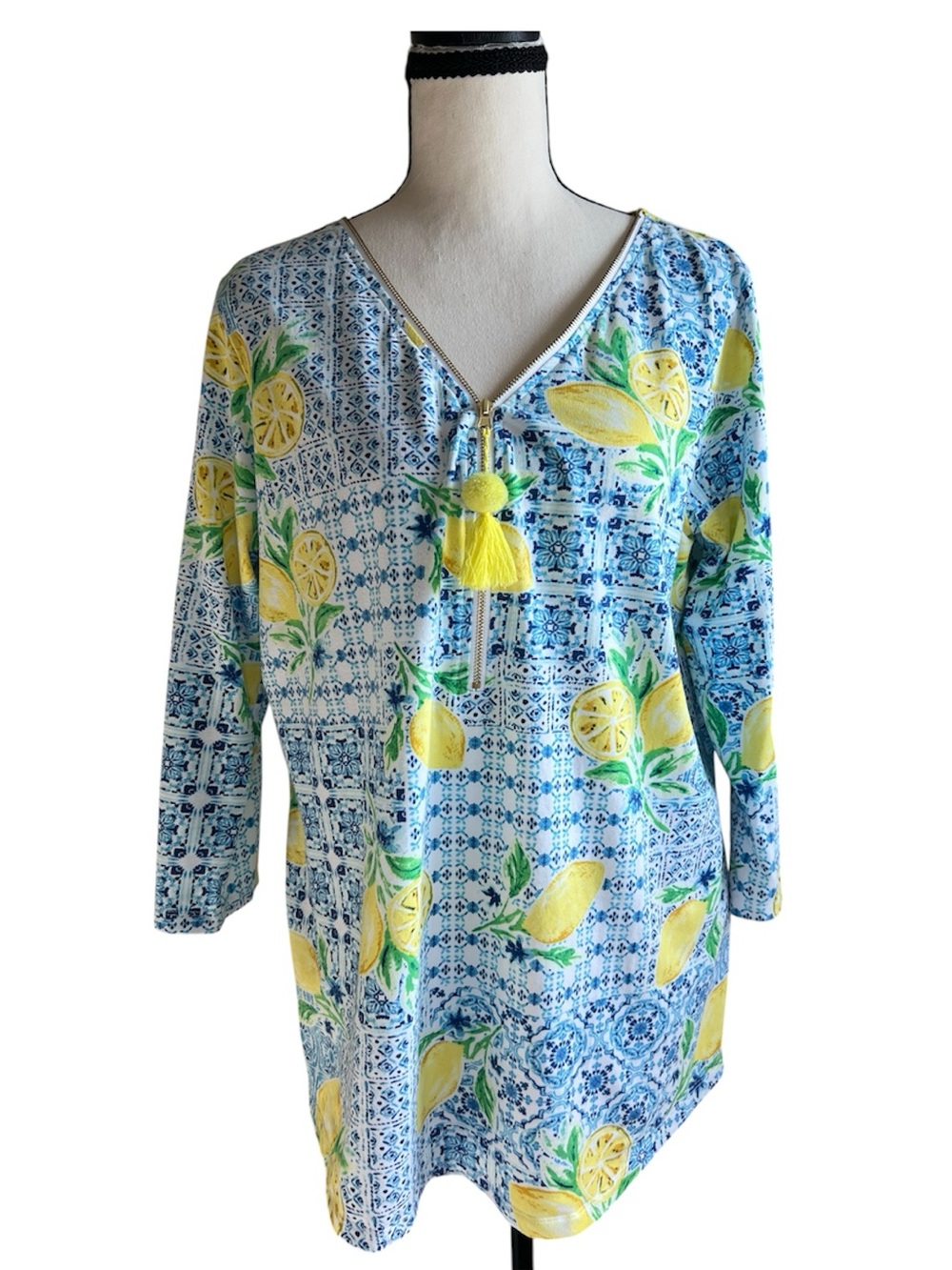 Belle by Kim Gravel Primabelle Knit Ciao Bella Tassel Zip Top Tunic Lemon Size M